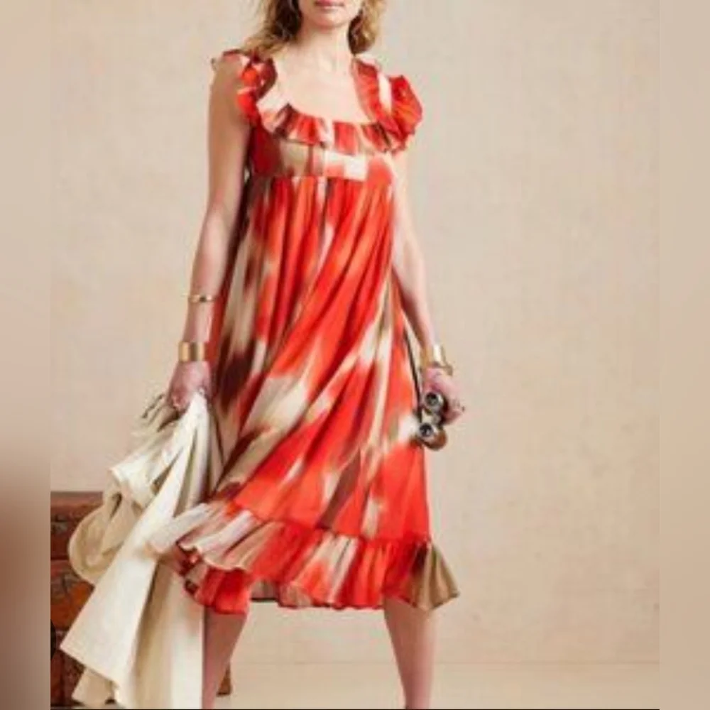 Banana Republic Chiffon Watercolor Ruffle Tie Bow Smocked Midi Dress